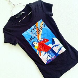 LOVE MOSCHINO alpine portrait short sleeve logo graphic tee top t-shirt size 4